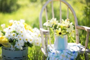 Rustic garden scene with daisies in a vintage setting. Perfect for summer themes.