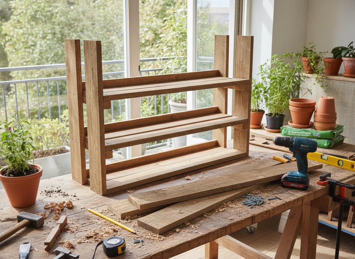 Zelf een steigerhouten plantenrek bouwen voor binnen en balkon