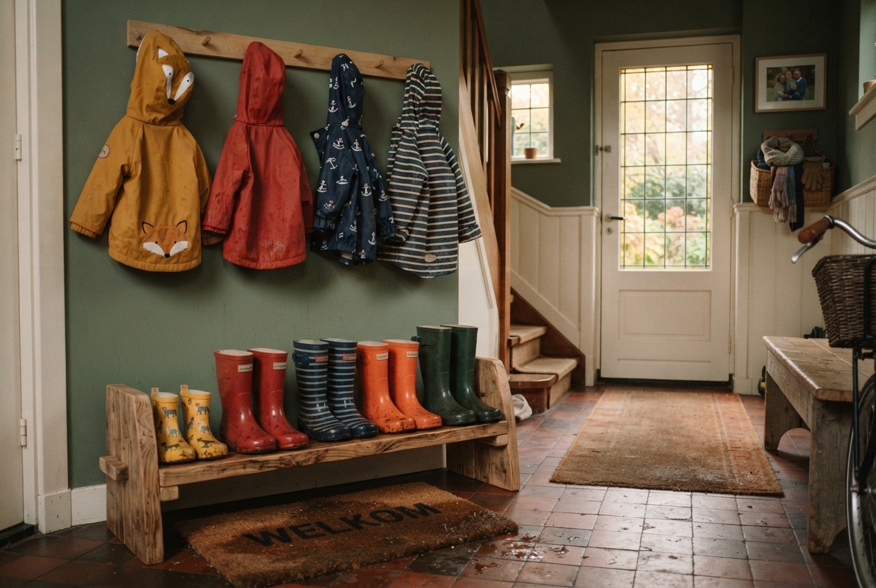 Regenlaarzen voor kinderen en een hal die de herfst aankan