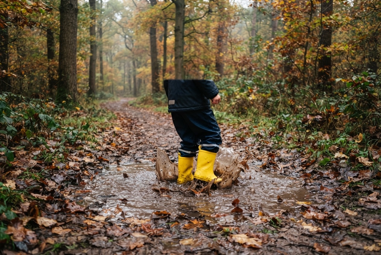 Kinderlaarzen in een plas op een bospad in de herfst