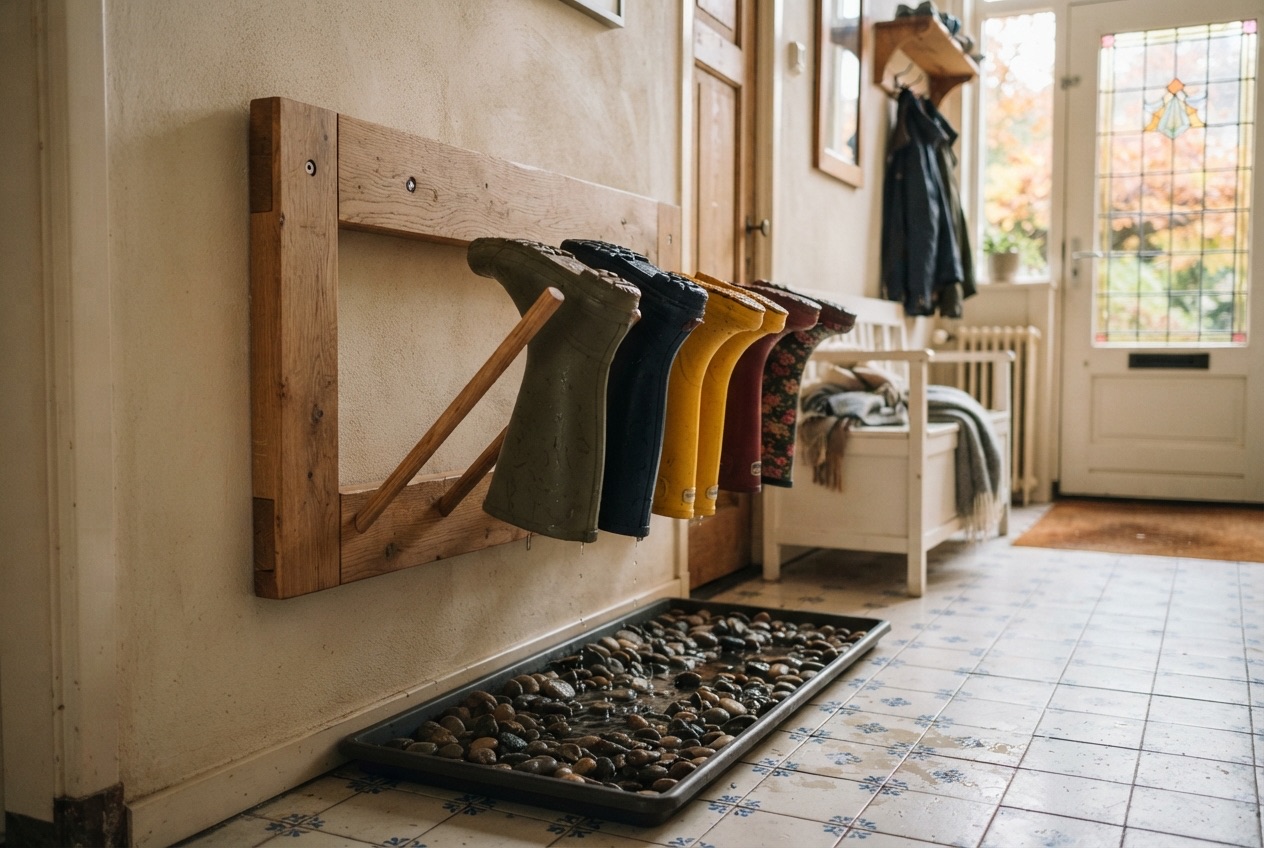 Zelfgemaakt laarzenrek met schuine stokken en een lekbak eronder